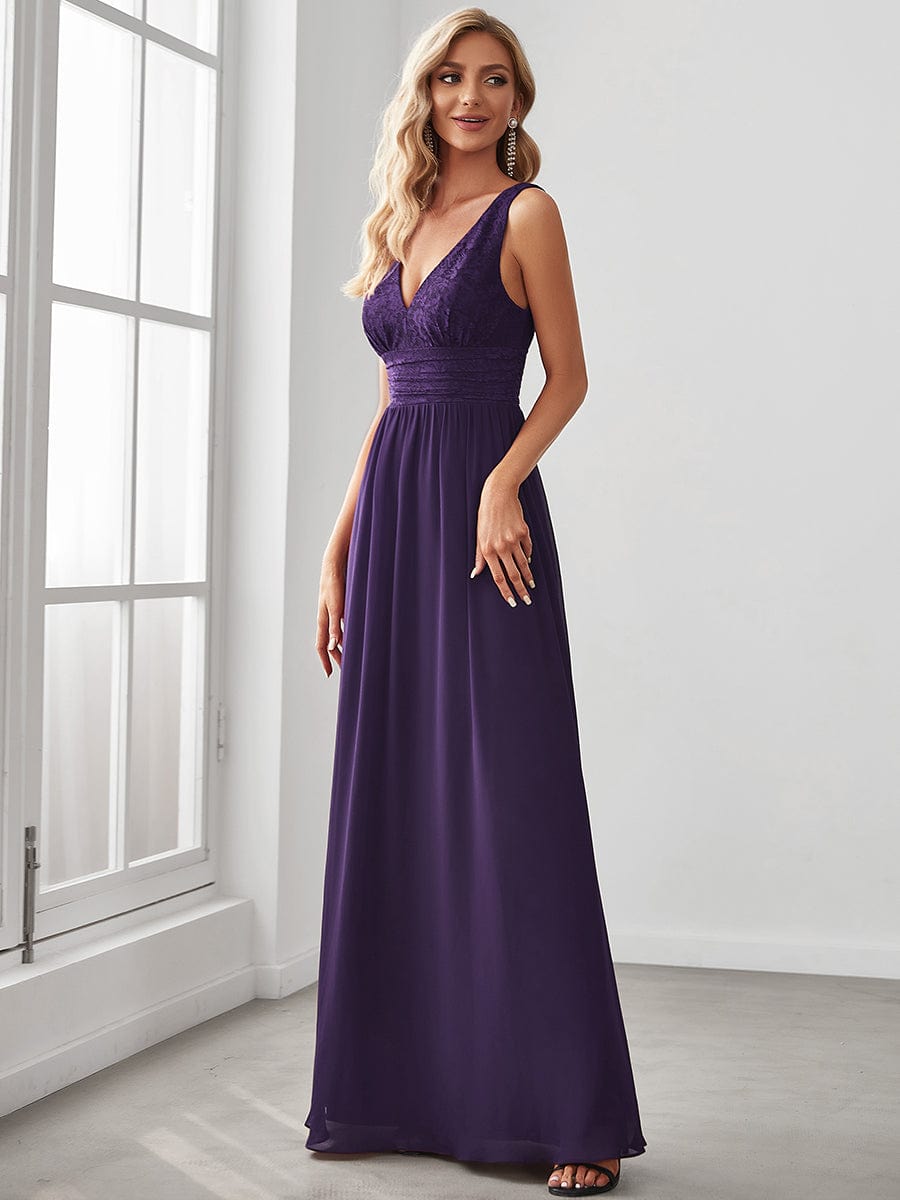 Lace Empire Waist V-Back Sleeveless Chiffon Evening Dress #color_Dark Purple