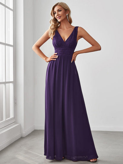 Lace Empire Waist V-Back Sleeveless Chiffon Evening Dress #color_Dark Purple