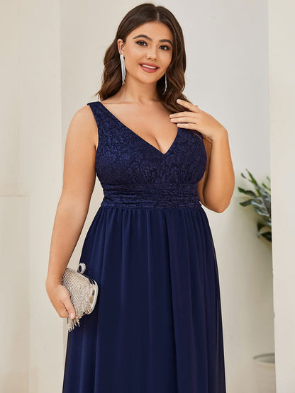 Lace Empire Waist V-Back Sleeveless Chiffon Evening Dress #color_Navy Blue