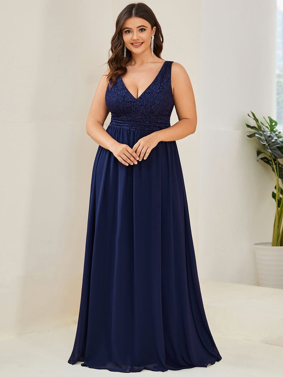 Lace Empire Waist V-Back Sleeveless Chiffon Evening Dress #color_Navy Blue