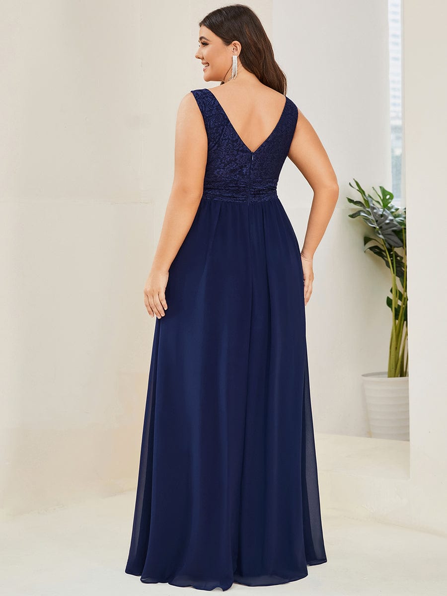 Plus Size Sleeveless Empire Waist V-Neck Chiffon Evening Dress #color_Navy Blue