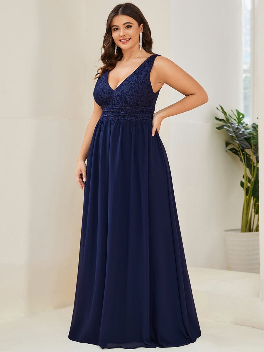 Plus Size Sleeveless Empire Waist V-Neck Chiffon Evening Dress #color_Navy Blue