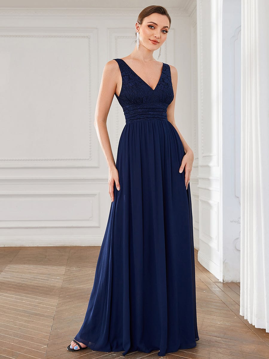 Lace Empire Waist V-Back Sleeveless Chiffon Evening Dress #color_Navy Blue