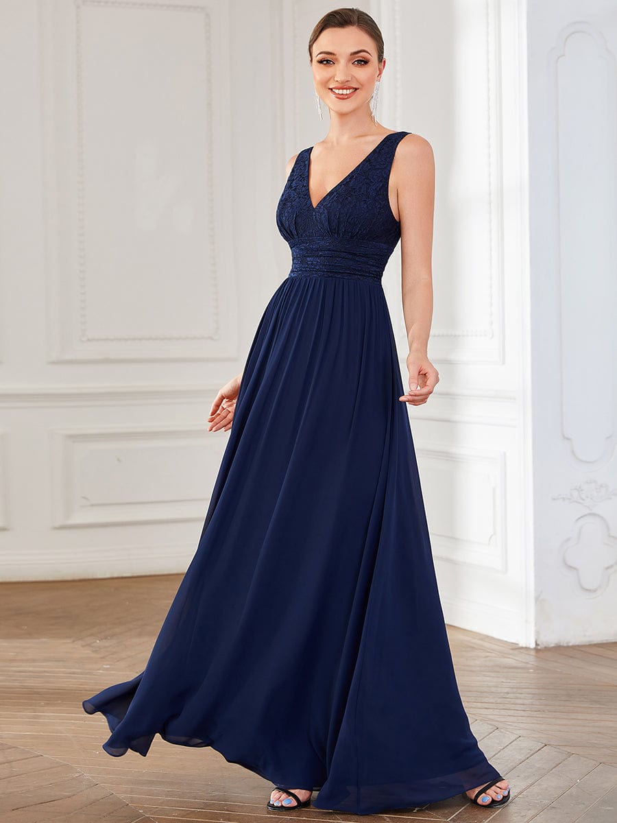 Lace Empire Waist V-Back Sleeveless Chiffon Evening Dress #color_Navy Blue