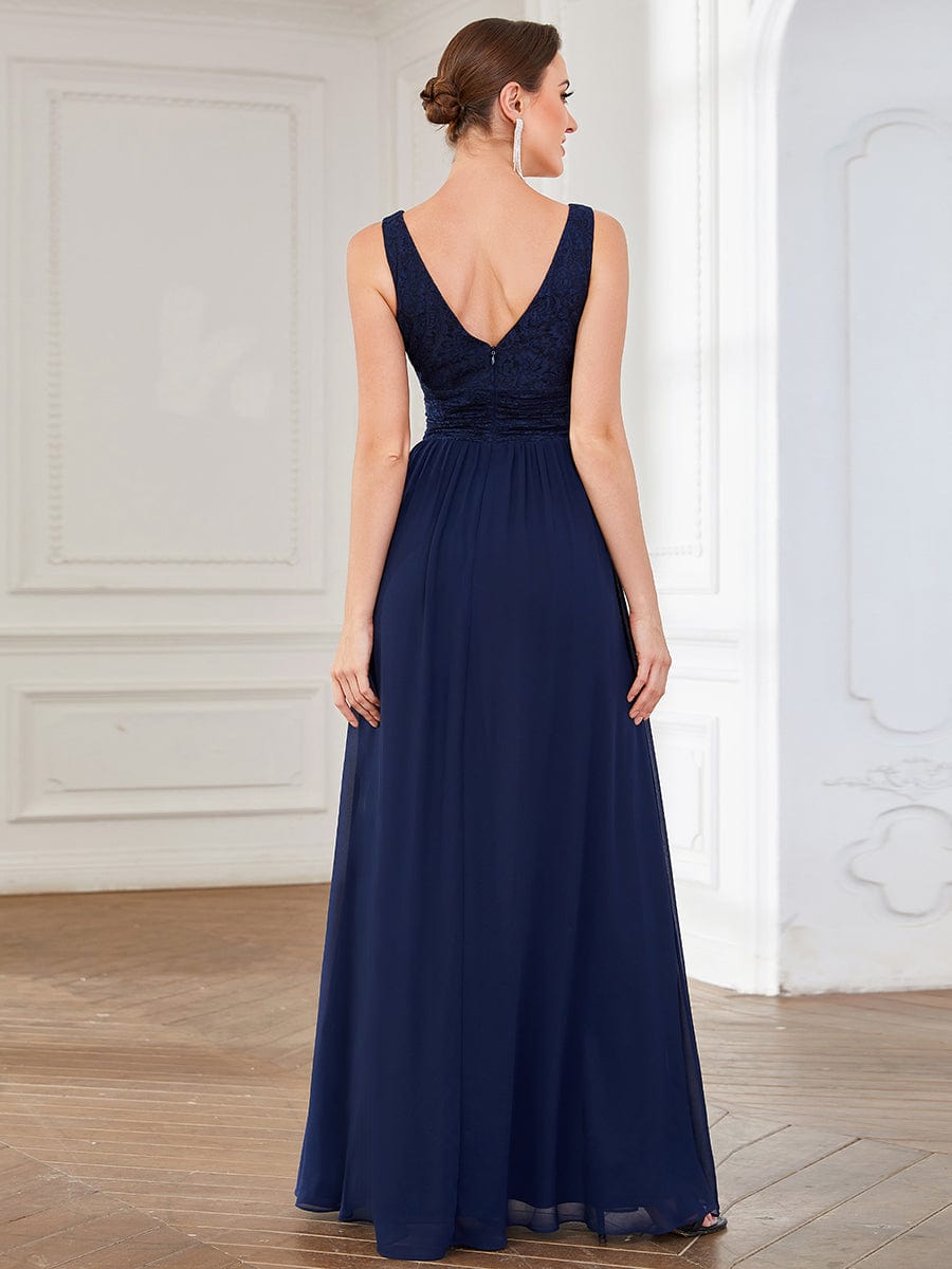 Lace Empire Waist V-Back Sleeveless Chiffon Evening Dress #color_Navy Blue