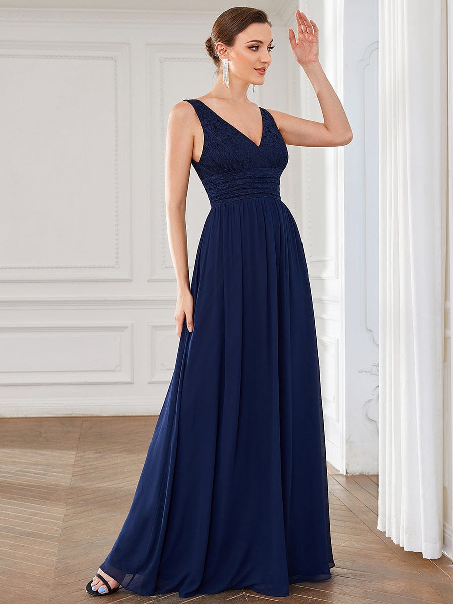 Lace Empire Waist V-Back Sleeveless Chiffon Evening Dress #color_Navy Blue