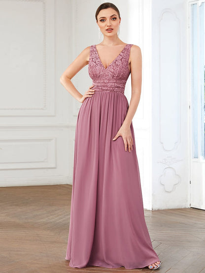 Lace Empire Waist V-Back Sleeveless Chiffon Evening Dress #color_Purple Orchid