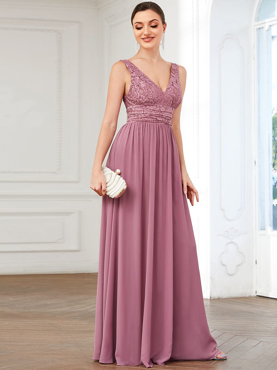 Lace Empire Waist V-Back Sleeveless Chiffon Evening Dress #color_Purple Orchid