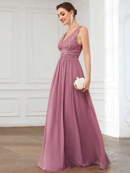 Lace Empire Waist V-Back Sleeveless Chiffon Evening Dress #color_Purple Orchid