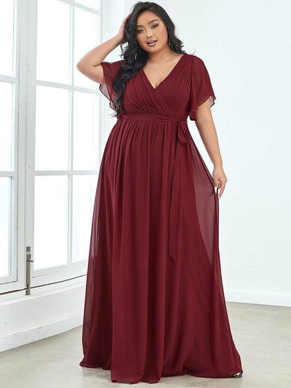 Plus Size Ruffle Pleated Chiffon Tie-Waist Evening Dress #color_Burgundy