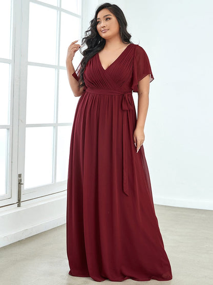 Plus Size Ruffle Pleated Chiffon Tie-Waist Evening Dress #color_Burgundy