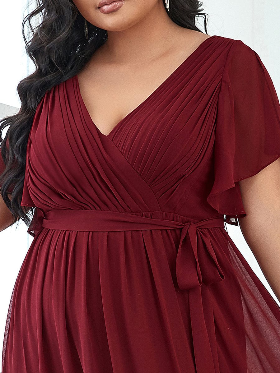 Custom Size Tie-Waist Pleated A-line Evening Dress #color_Burgundy