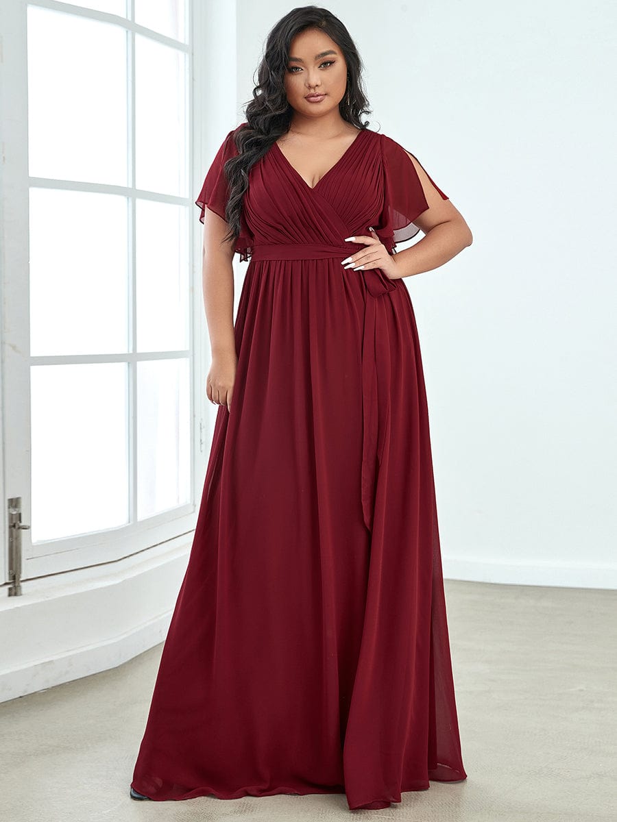 Plus Size Ruffle Pleated Chiffon Tie-Waist Evening Dress #color_Burgundy