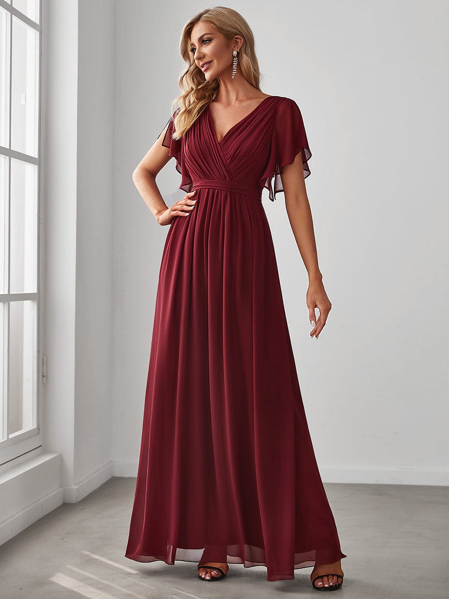 A-Line Pleated Chiffon Tie-Waist Evening Dress #color_Burgundy