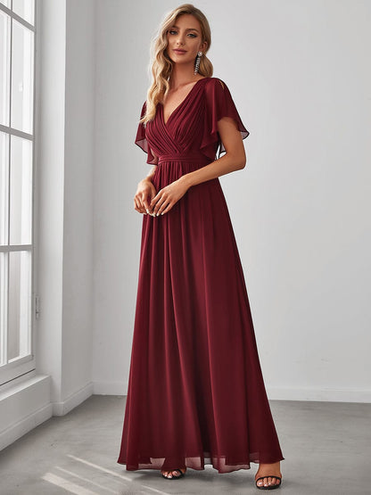 A-Line Pleated Chiffon Tie-Waist Evening Dress #color_Burgundy