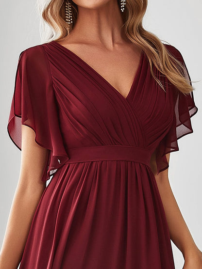 A-Line Pleated Chiffon Tie-Waist Evening Dress #color_Burgundy