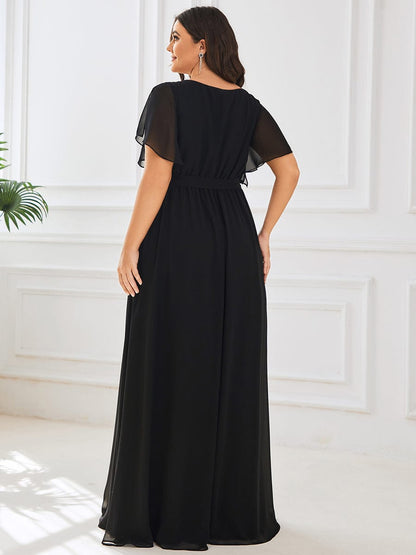 A-Line Pleated Chiffon Tie-Waist Evening Dress #color_Black