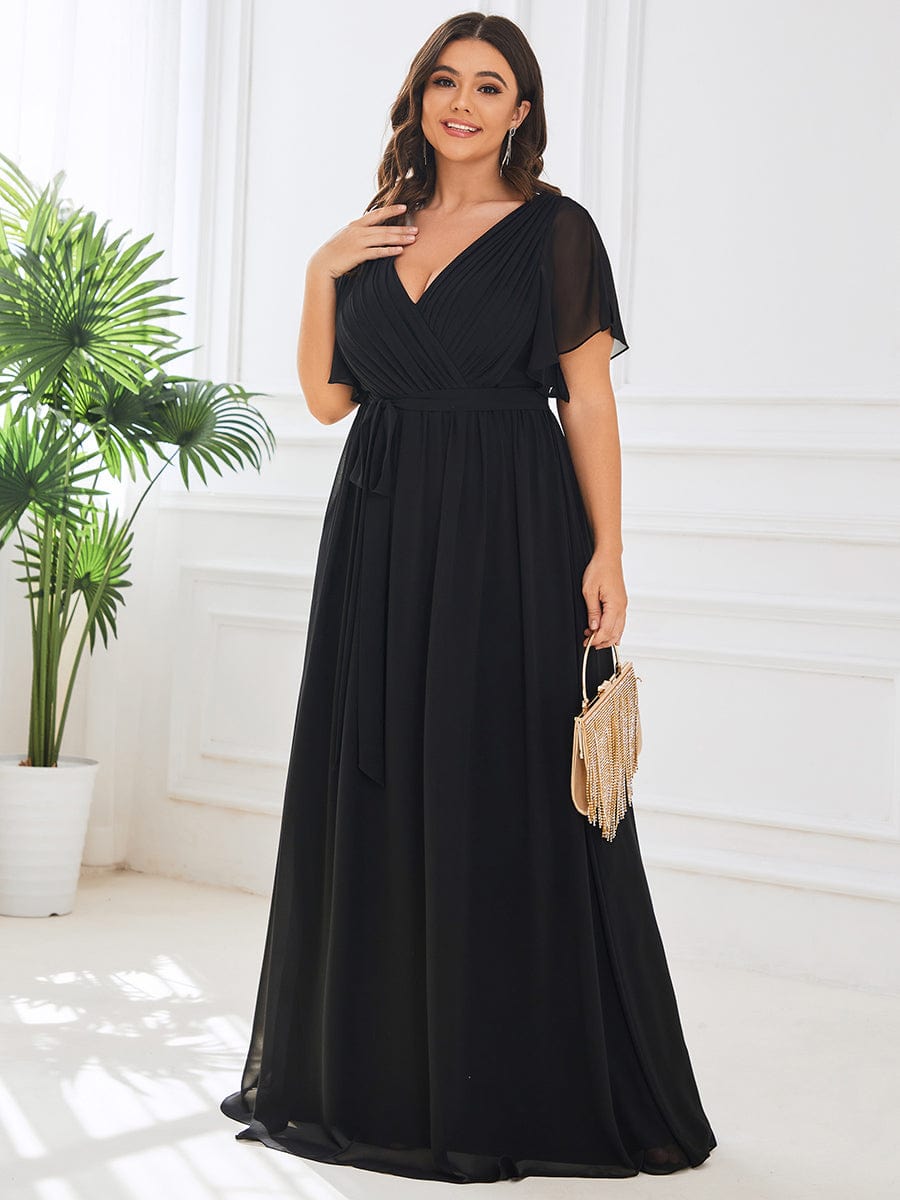 Custom Size Tie-Waist Pleated A-line Evening Dress #color_Black