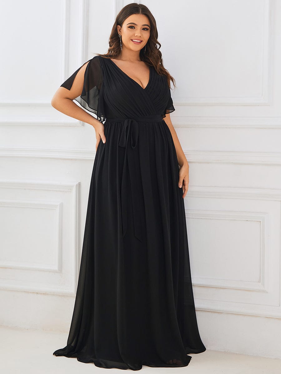 Custom Size Tie-Waist Pleated A-line Evening Dress #color_Black