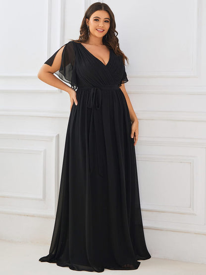 A-Line Pleated Chiffon Tie-Waist Evening Dress #color_Black