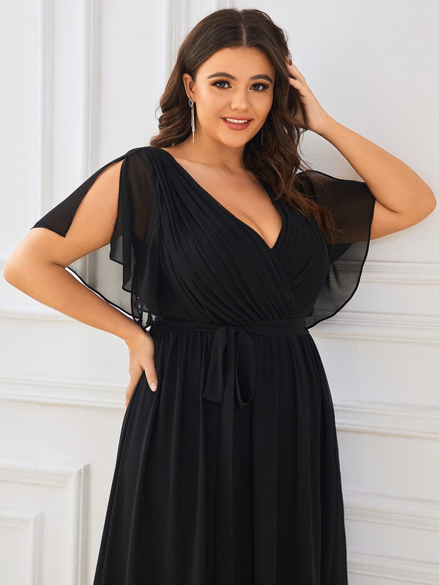 Plus Size Ruffle Pleated Chiffon Tie-Waist Evening Dress #color_Black