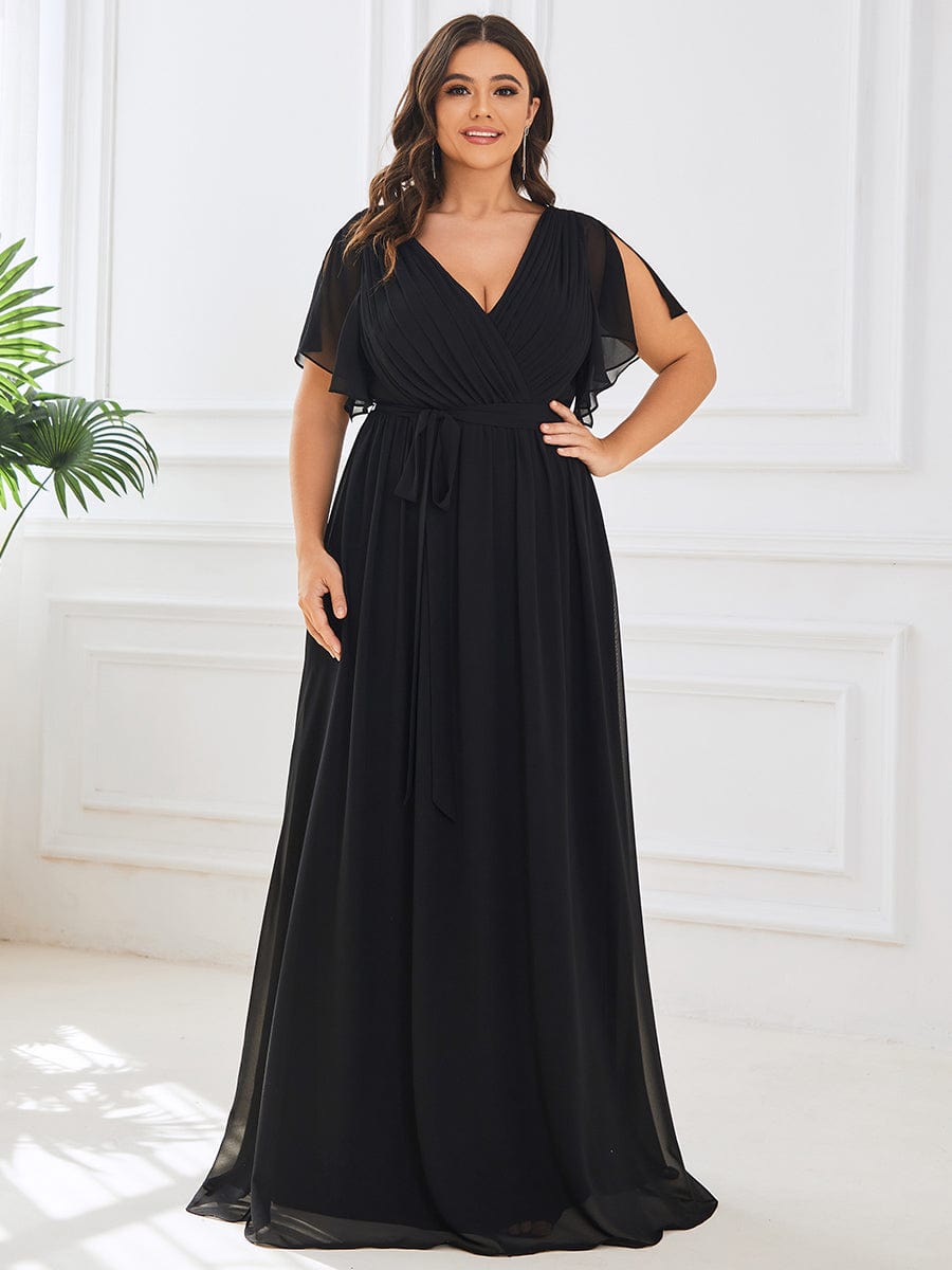 Plus Size Ruffle Pleated Chiffon Tie-Waist Evening Dress #color_Black