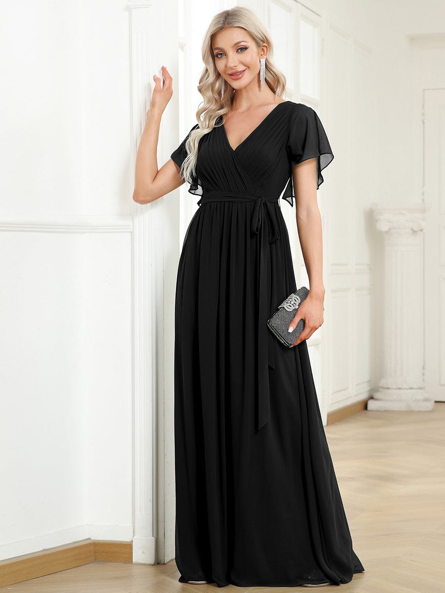 A-Line Pleated Chiffon Tie-Waist Evening Dress #color_Black