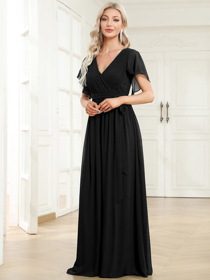 A-Line Pleated Chiffon Tie-Waist Evening Dress #color_Black