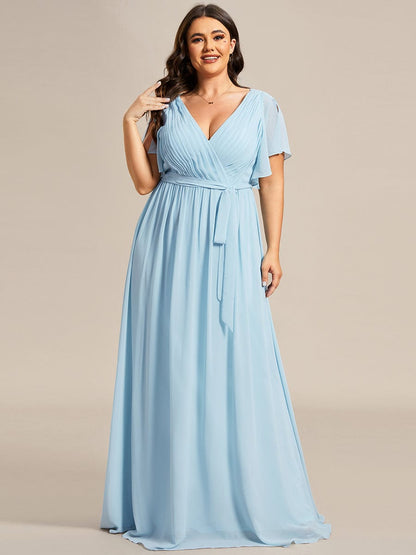 Ruffle Sleeve Tie-Waist Chiffon V-Neck Evening Dress #color_Sky Blue