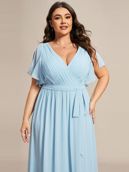 Plus Size Ruffle Pleated Chiffon Tie-Waist Evening Dress #color_Sky Blue