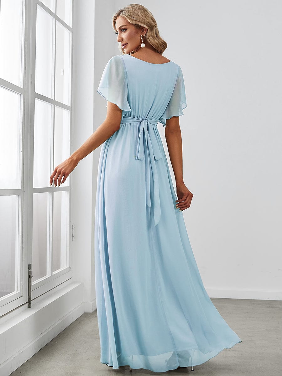 Ruffle Sleeve Tie-Waist Chiffon V-Neck Evening Dress #color_Sky Blue