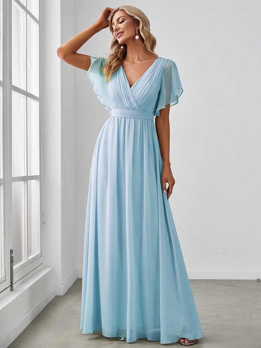 Ruffle Sleeve Tie-Waist Chiffon V-Neck Evening Dress #color_Sky Blue