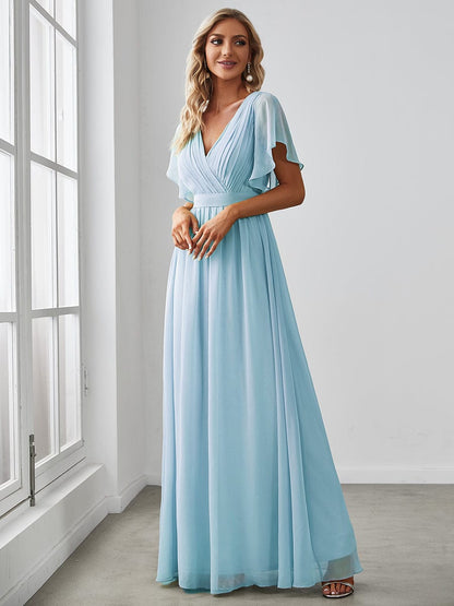 Ruffle Sleeve Tie-Waist Chiffon V-Neck Evening Dress #color_Sky Blue