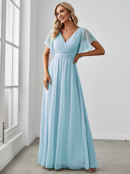 Ruffle Sleeve Tie-Waist Chiffon V-Neck Evening Dress #color_Sky Blue