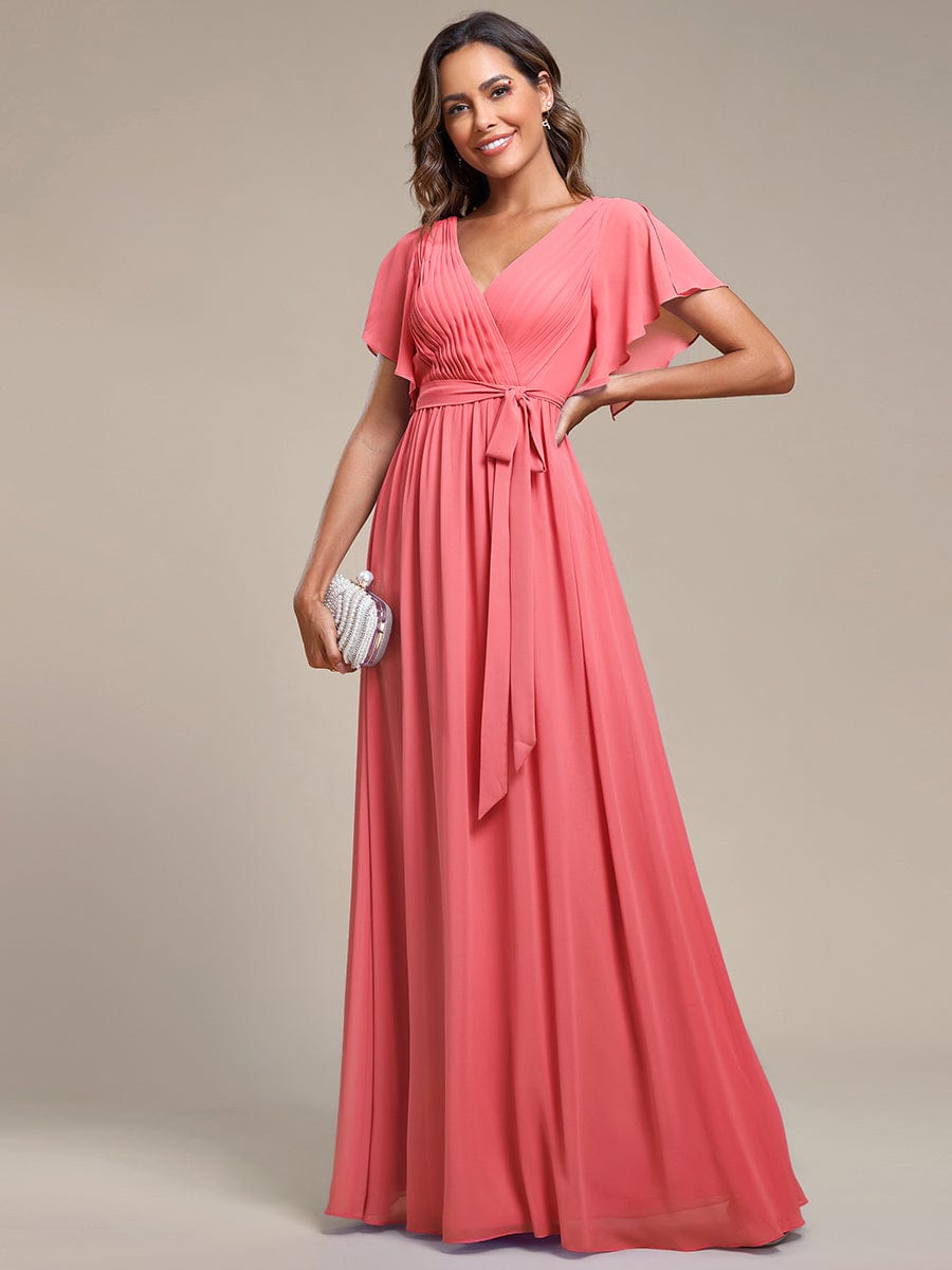 Custom Size Tie-Waist Pleated A-line Evening Dress #color_Coral