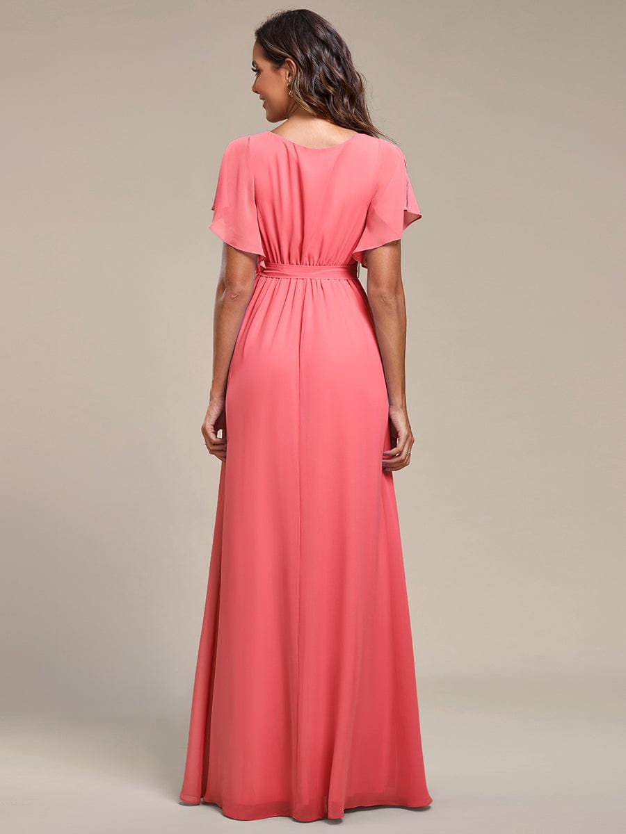 Custom Size Tie-Waist Pleated A-line Evening Dress #color_Coral