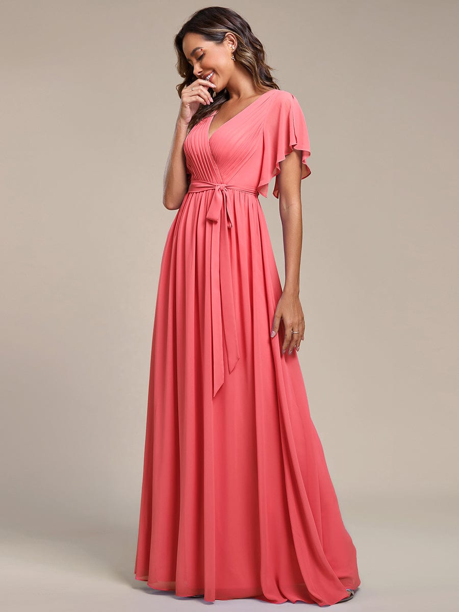 Custom Size Tie-Waist Pleated A-line Evening Dress #color_Coral