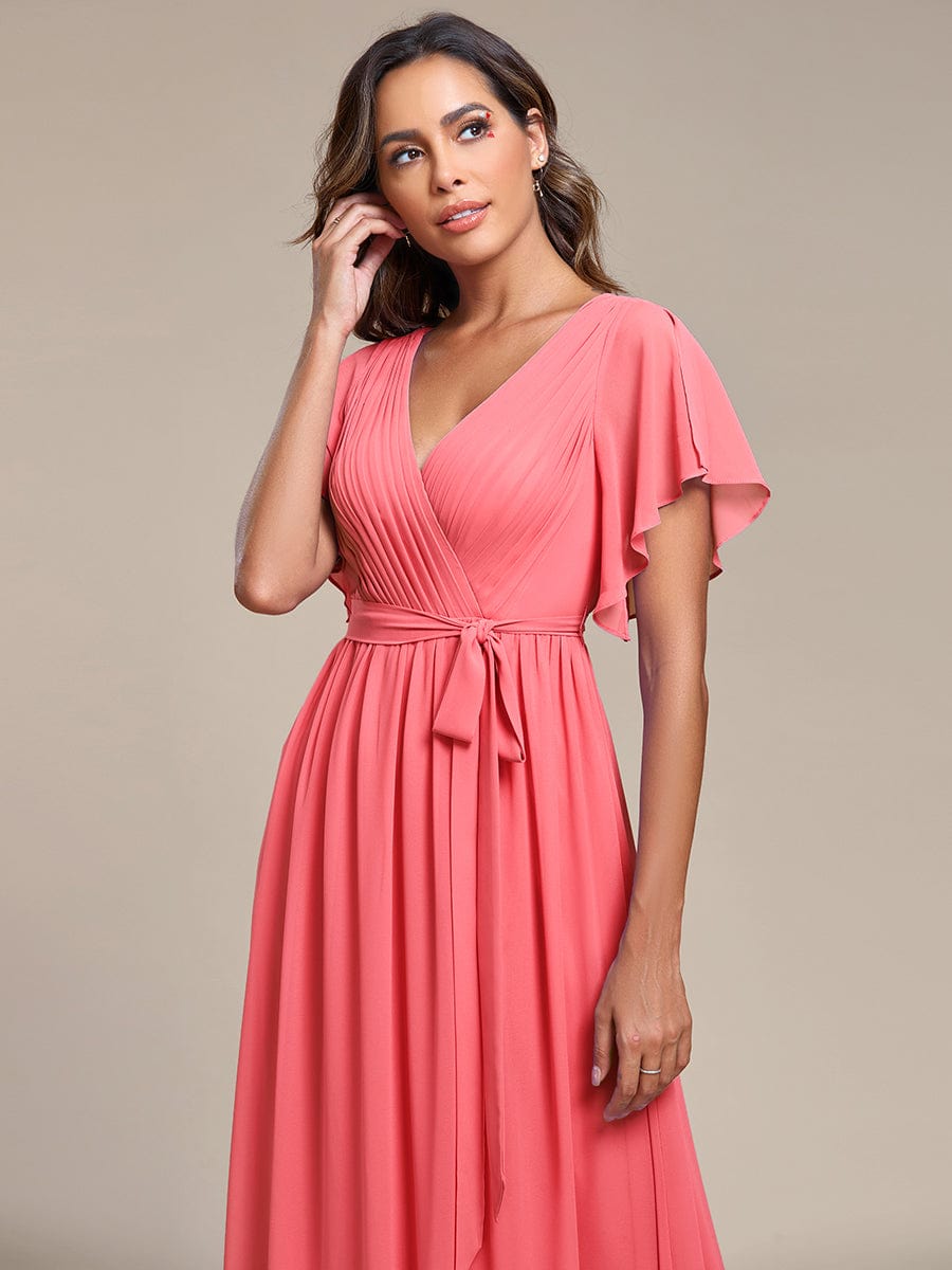 Custom Size Tie-Waist Pleated A-line Evening Dress #color_Coral