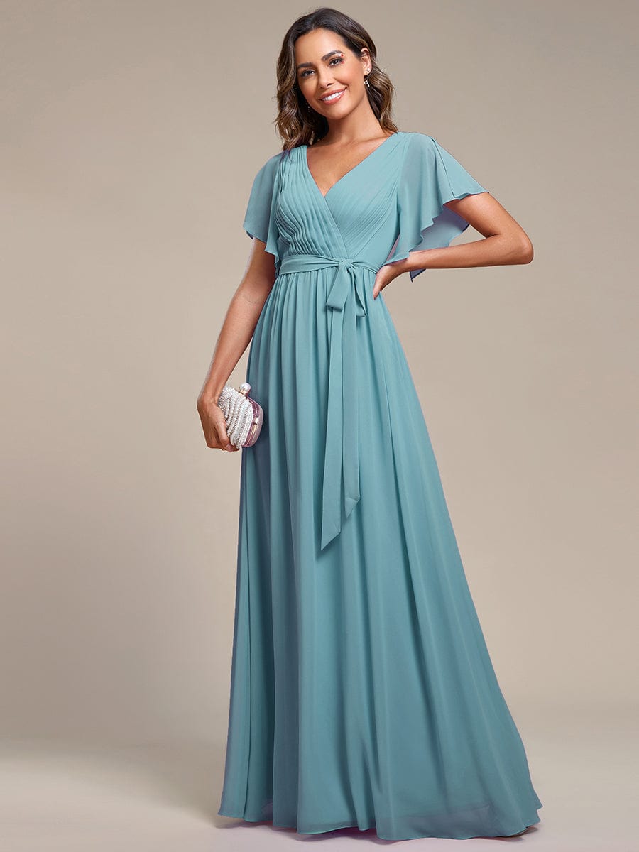 Custom Size Tie-Waist Pleated A-line Evening Dress #color_Dusty Blue