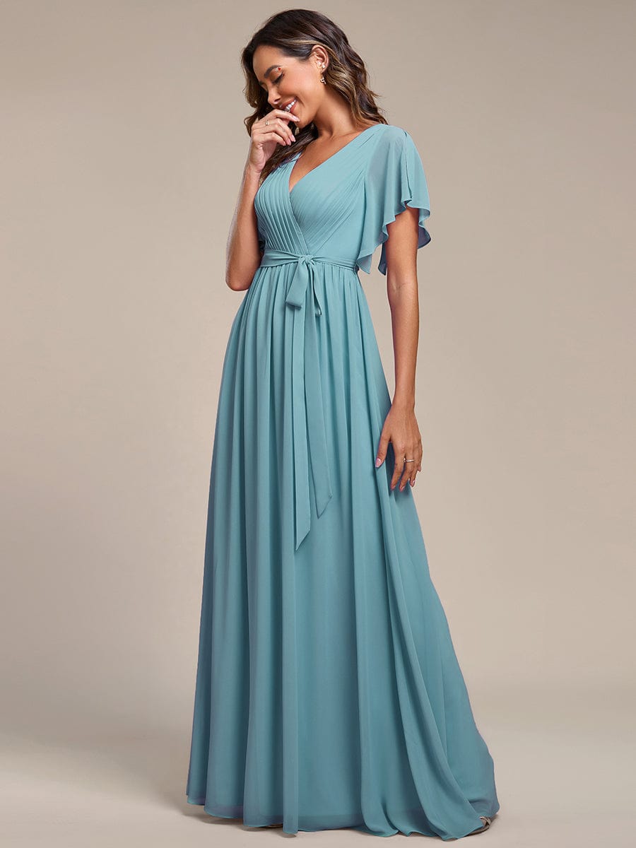 Custom Size Tie-Waist Pleated A-line Evening Dress #color_Dusty Blue