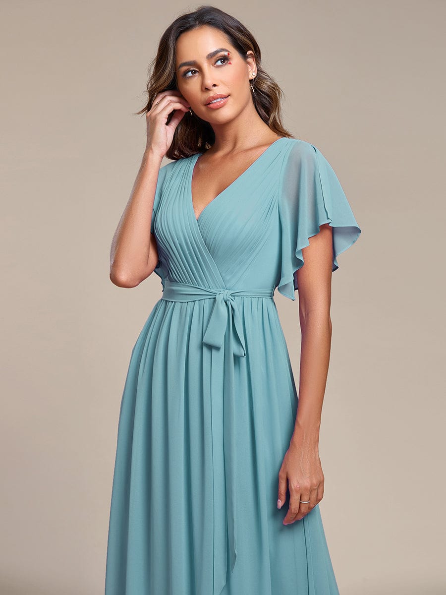 Custom Size Tie-Waist Pleated A-line Evening Dress #color_Dusty Blue