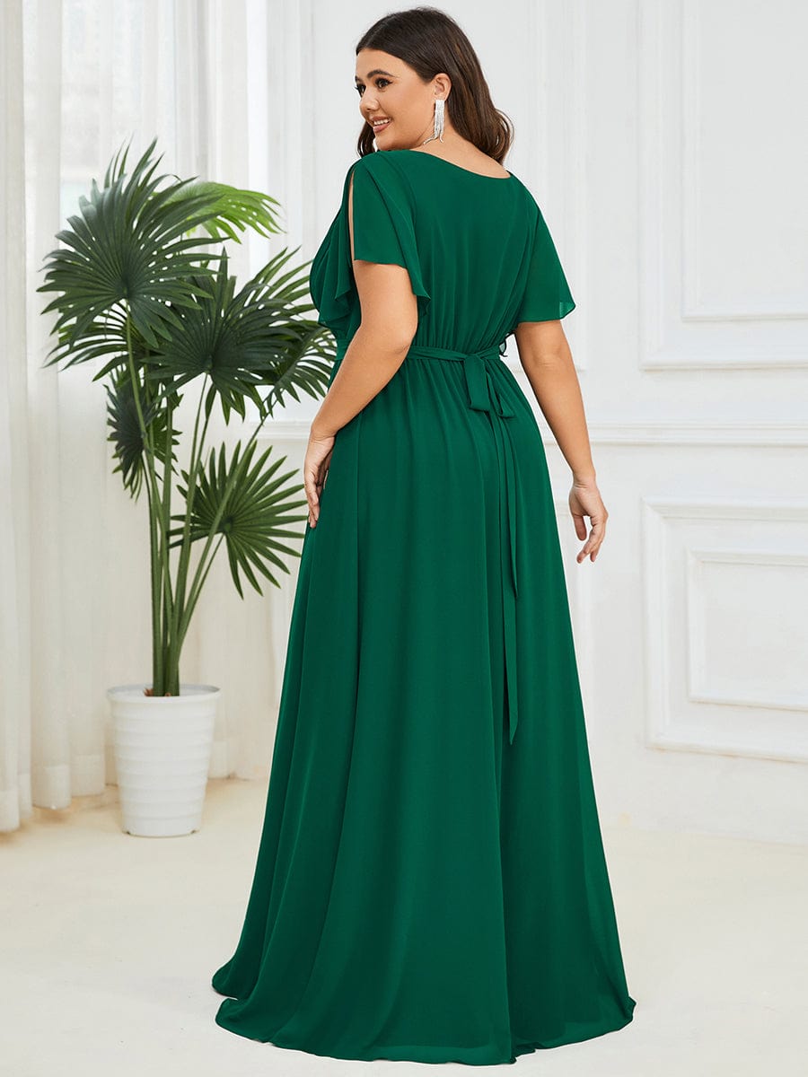 Plus Size Ruffle Pleated Chiffon Tie-Waist Evening Dress #color_Dark Green