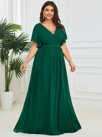 Plus Size Ruffle Pleated Chiffon Tie-Waist Evening Dress #color_Dark Green