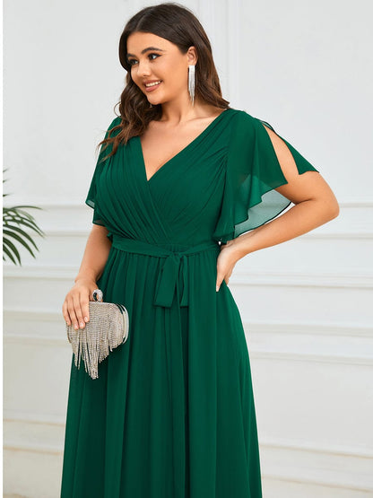 Custom Size Tie-Waist Pleated A-line Evening Dress #color_Dark Green