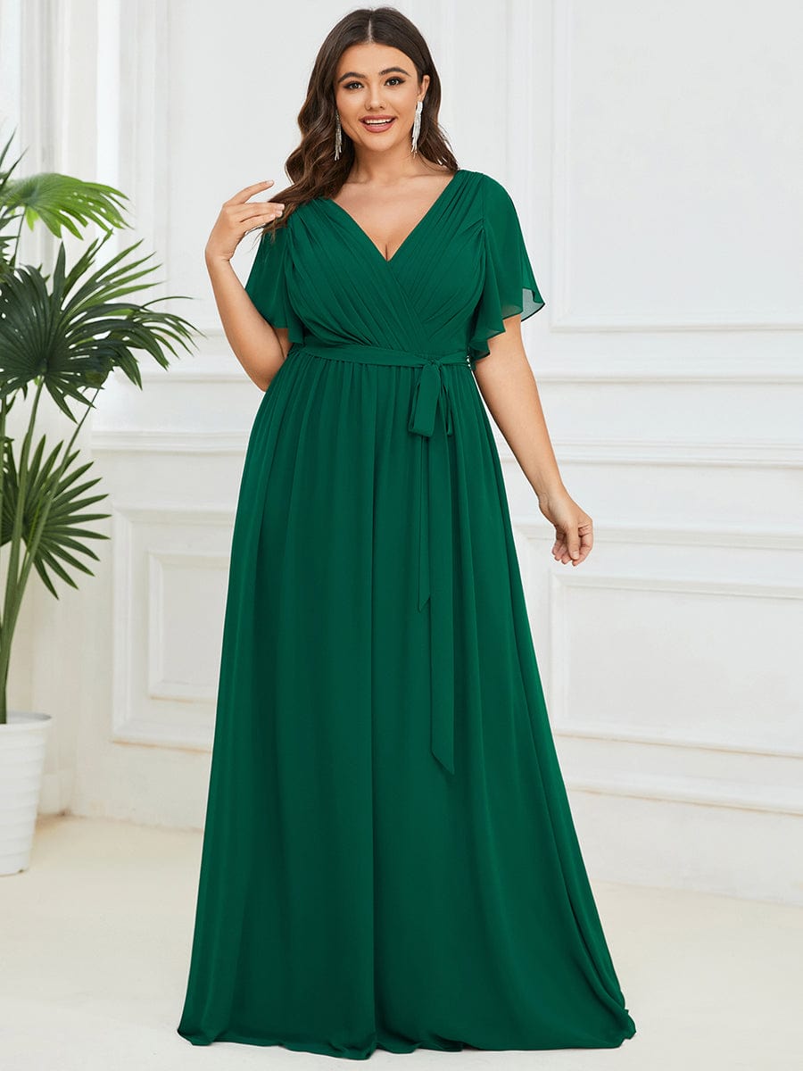 Plus Size Ruffle Pleated Chiffon Tie-Waist Evening Dress #color_Dark Green