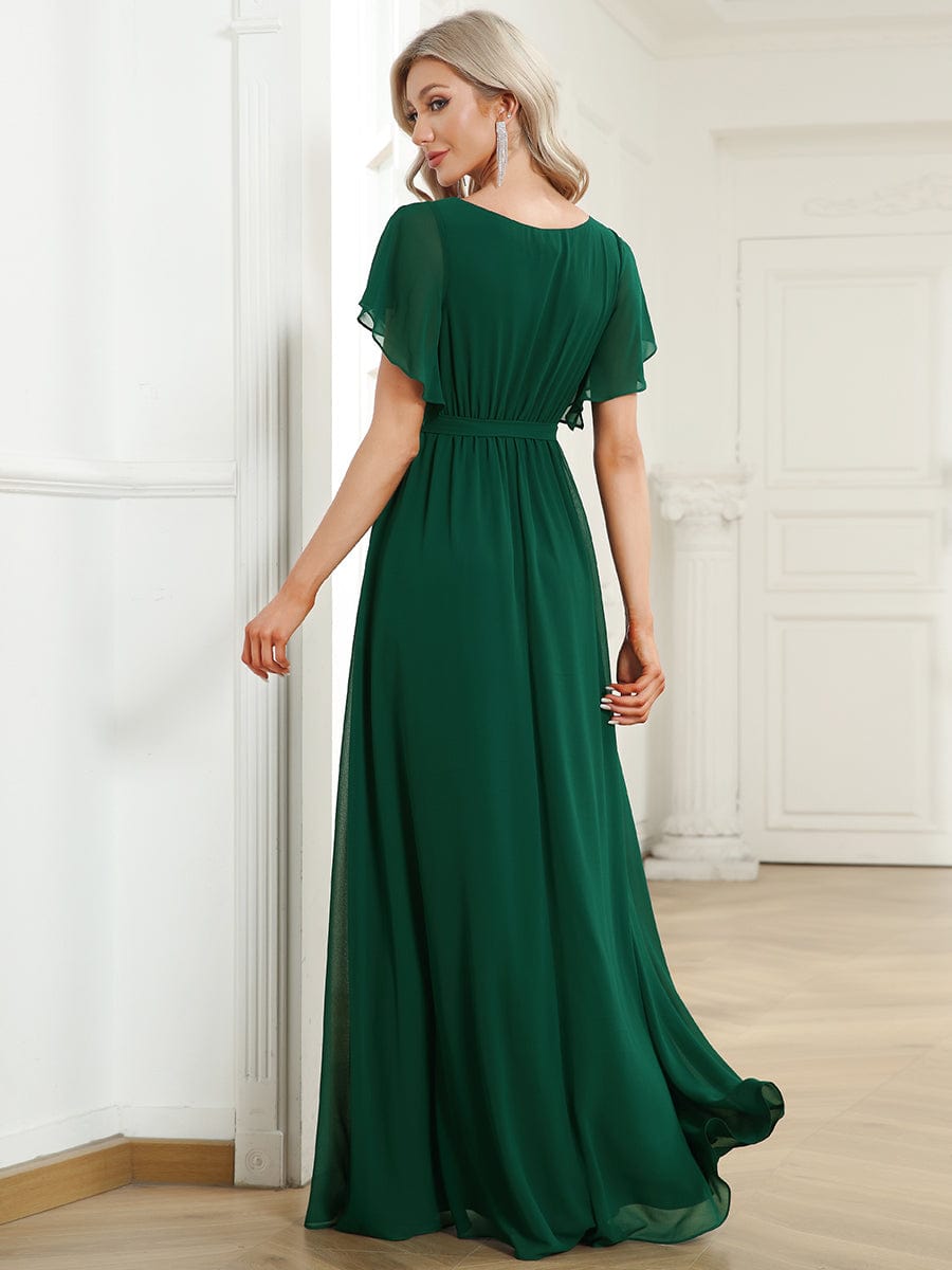 A-Line Pleated Chiffon Tie-Waist Evening Dress #color_Dark Green