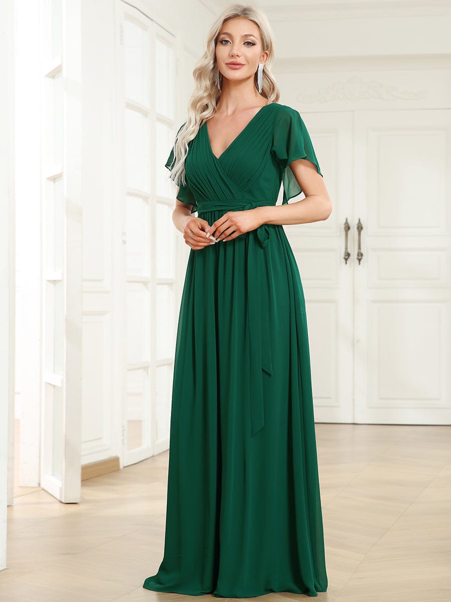 A-Line Pleated Chiffon Tie-Waist Evening Dress #color_Dark Green