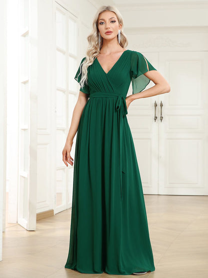 A-Line Pleated Chiffon Tie-Waist Evening Dress #color_Dark Green