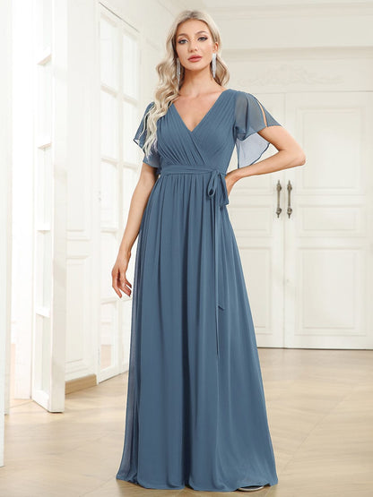 Custom Size Tie-Waist Pleated A-line Evening Dress #color_Dusty Navy