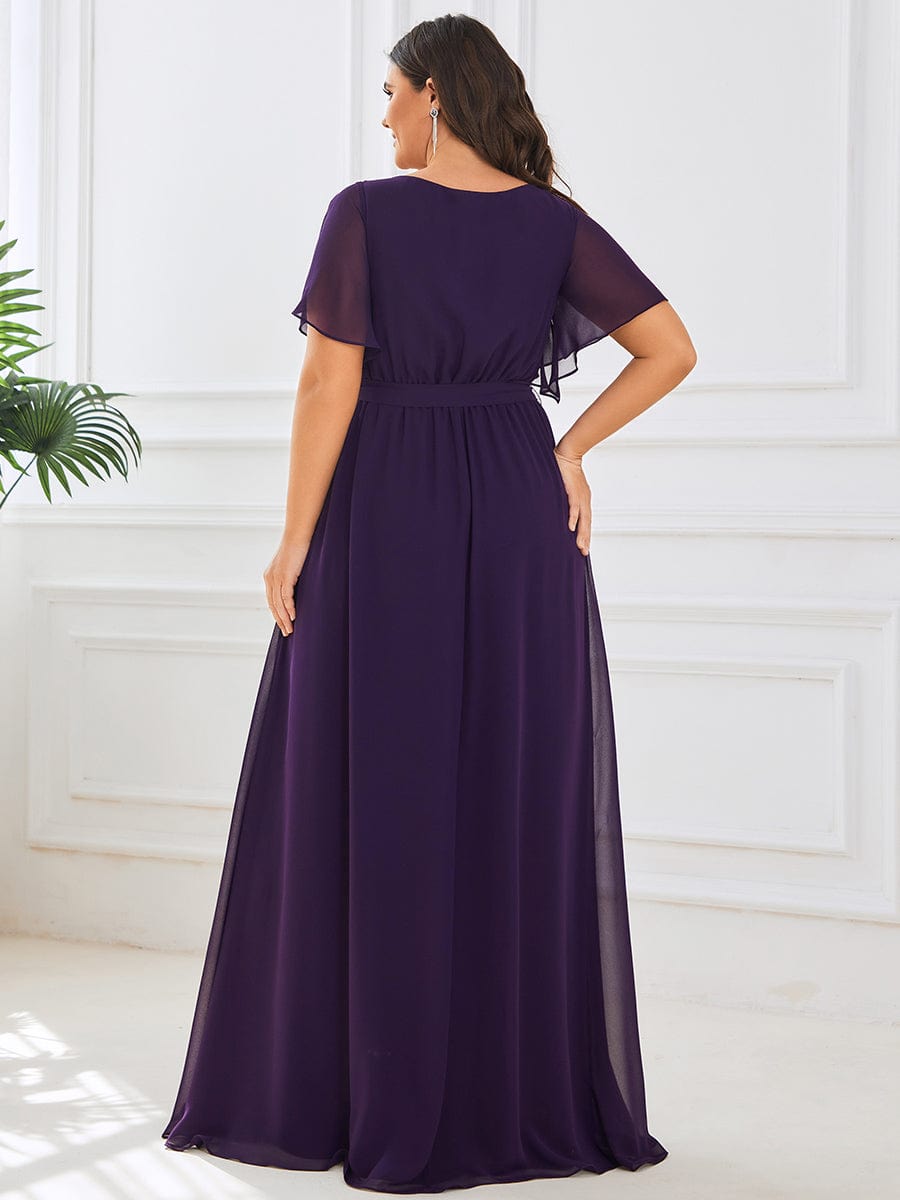 Plus Size Ruffle Pleated Chiffon Tie-Waist Evening Dress #color_Dark Purple